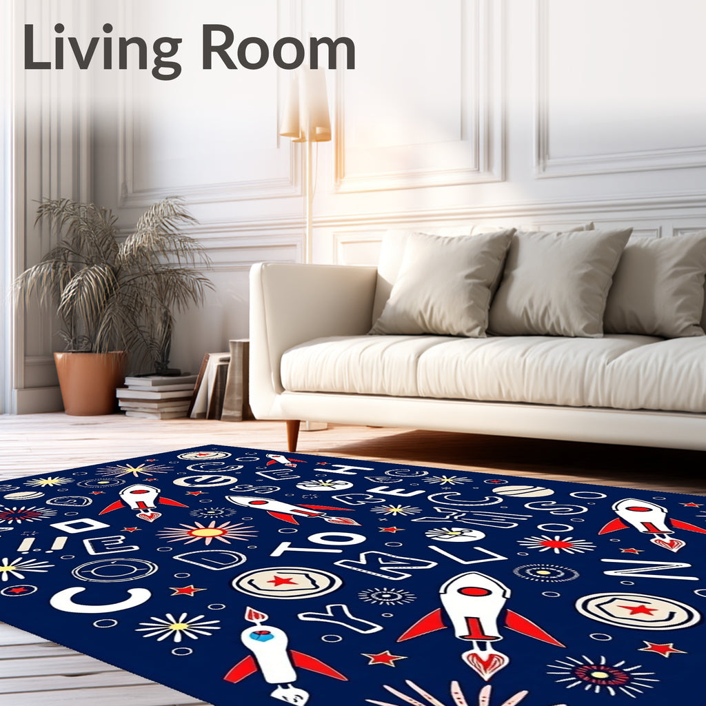 Cosmic Rockets Navy Red Letter Collage Rug