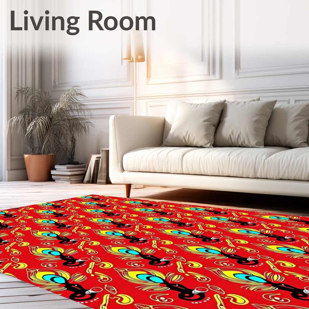Vibrant Red Peacock Feather Swirl Rug