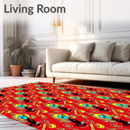 Vibrant Red Peacock Feather Swirl Rug
