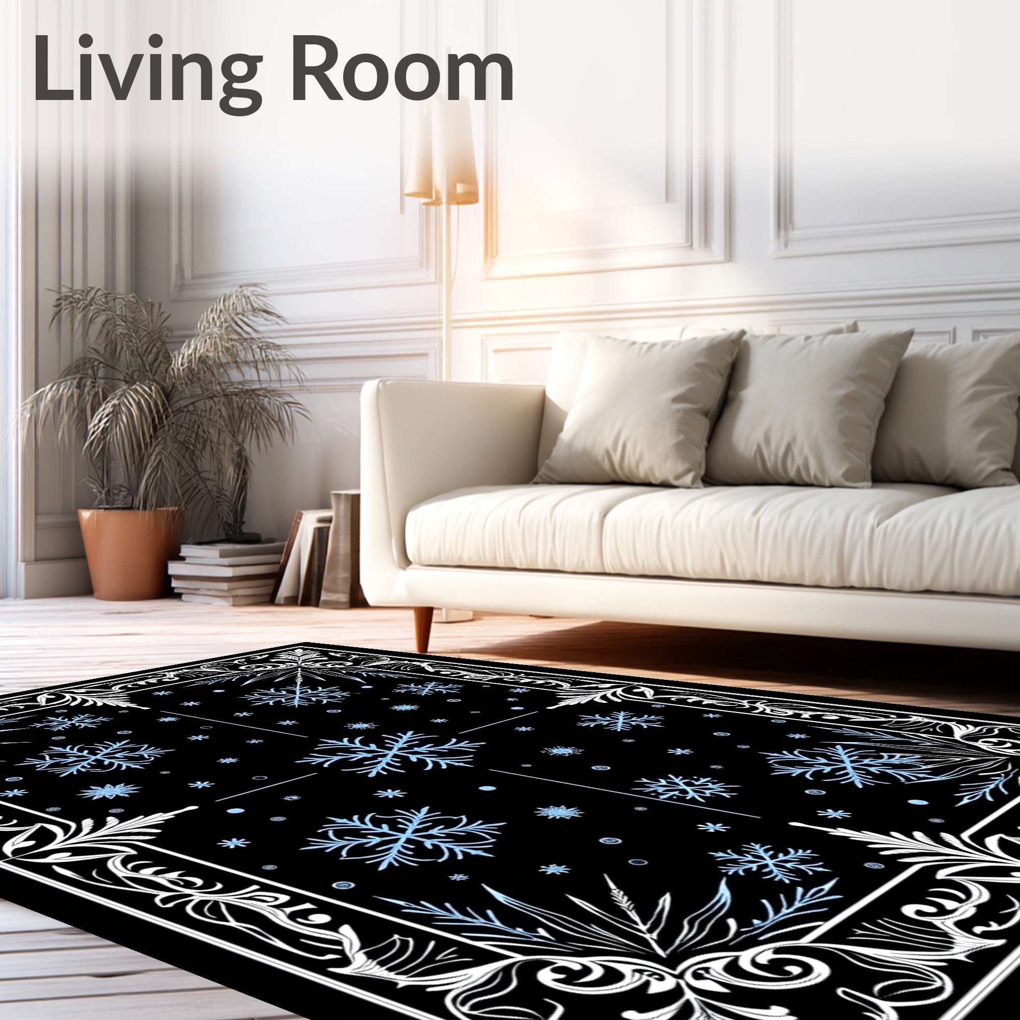 Winter Snowflake Border Black Rug