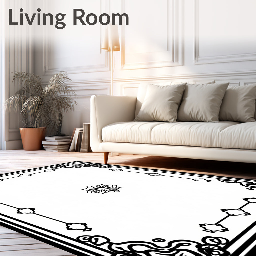 Ornate Floral Black and White Border Rug