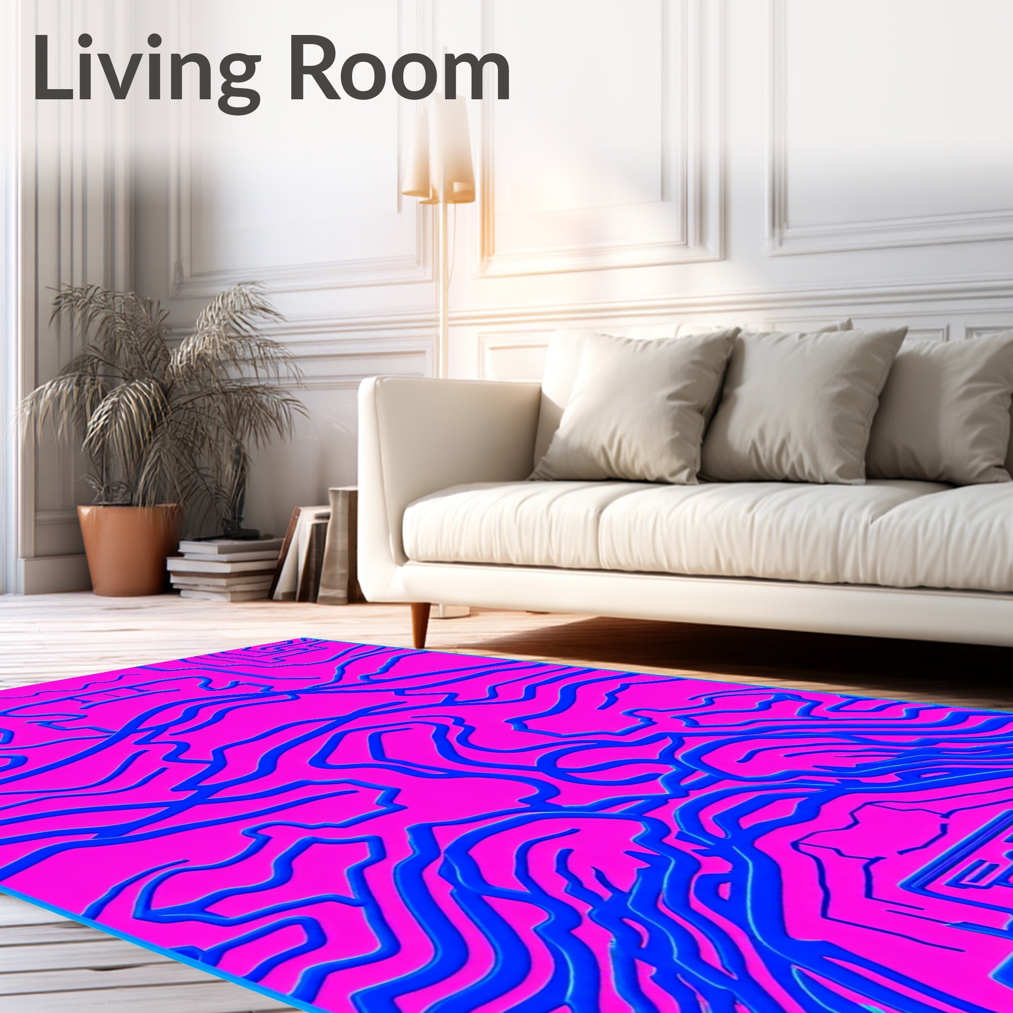 Bright Pink Blue Wavy Abstract Lines Rug