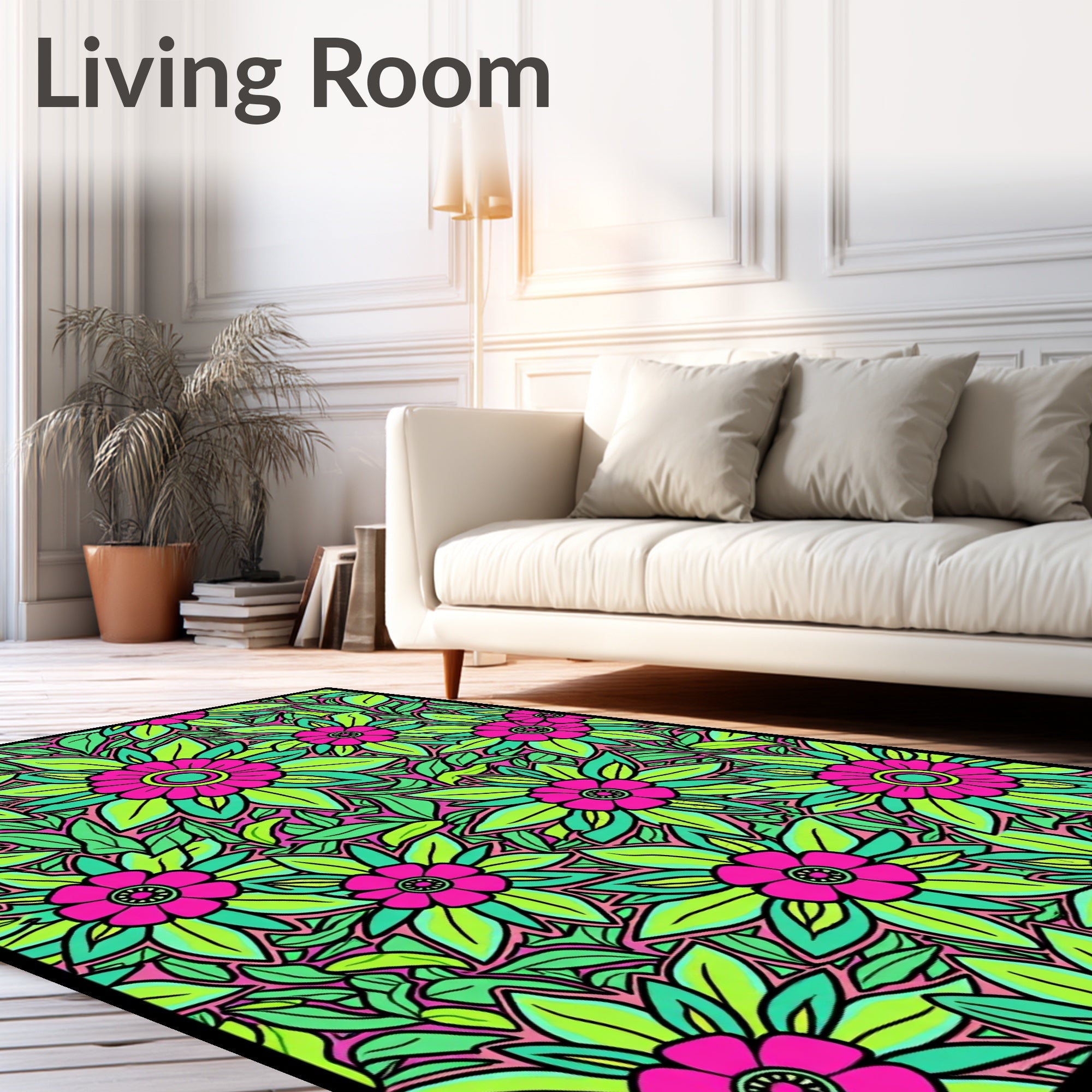 Vibrant Pink Green Floral Foliage Medley Rug