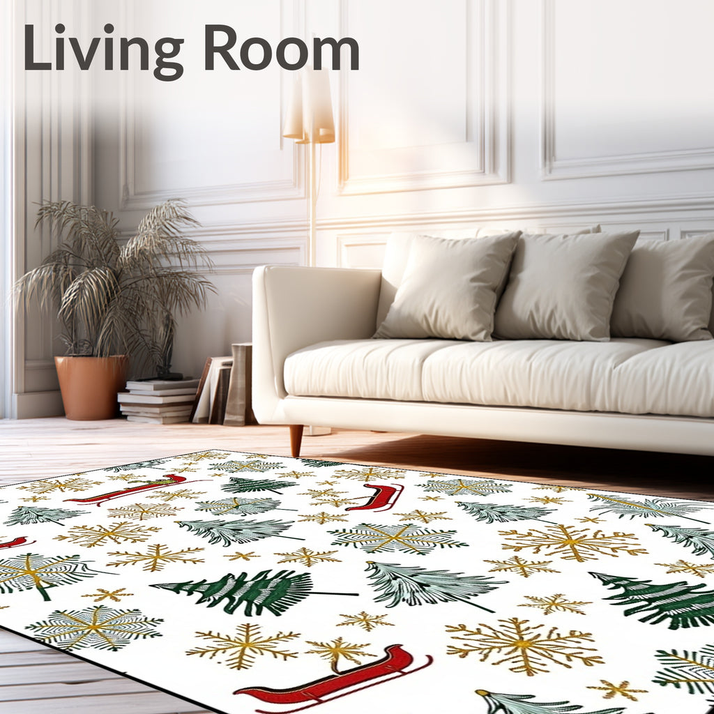 Festive Green Gold Sleigh Trees Rug