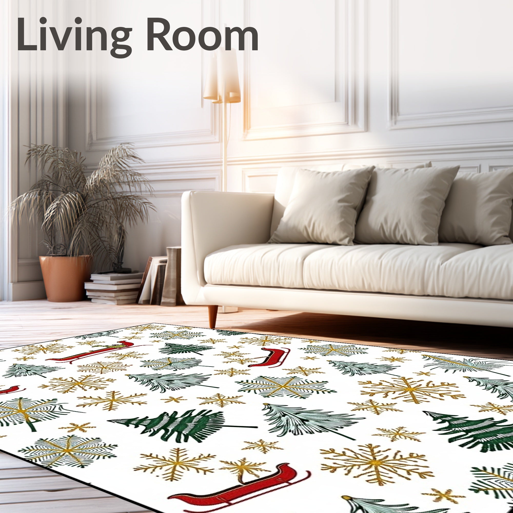 Festive Green Gold Sleigh Trees Rug