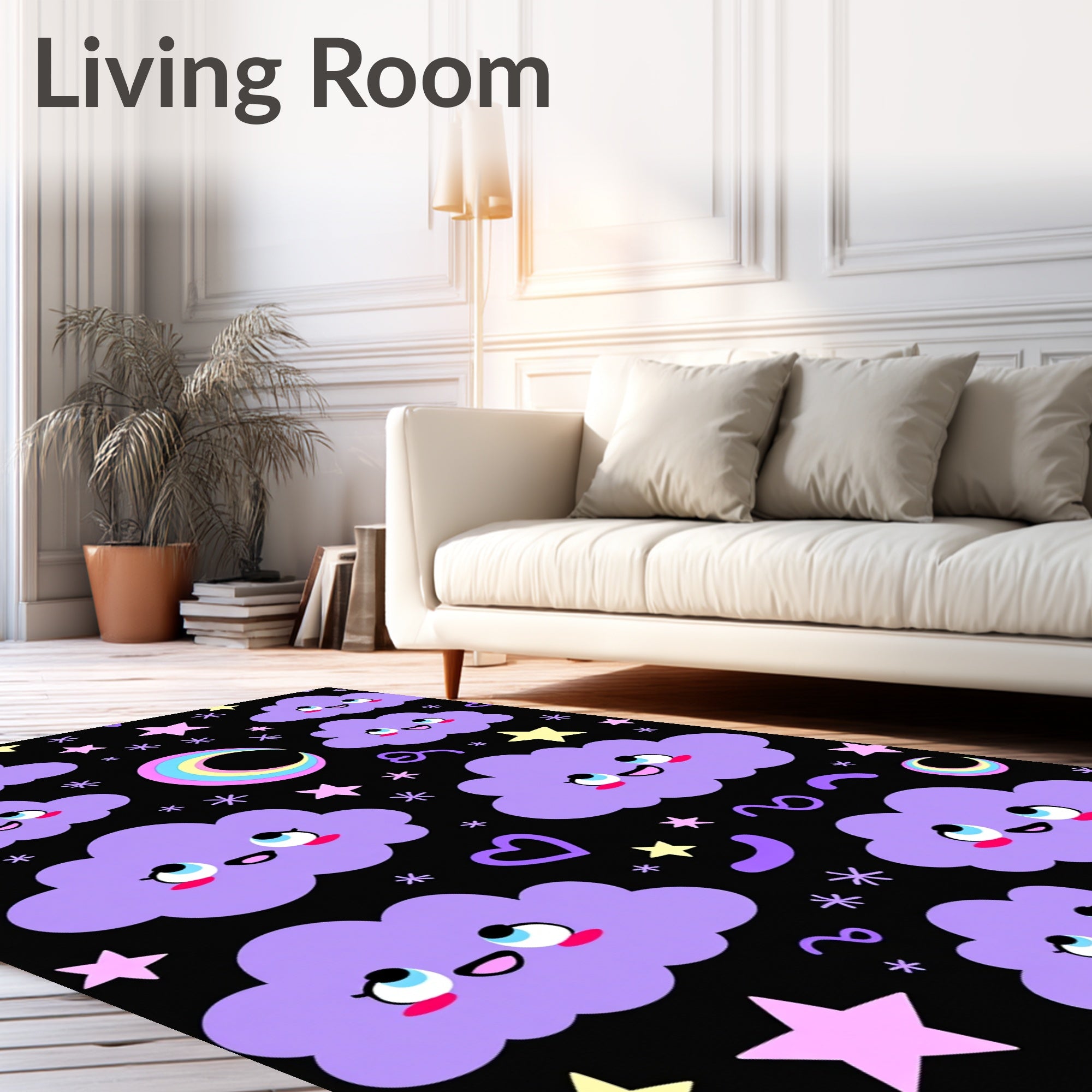 Kawaii Purple Clouds Rainbow Moon Rug