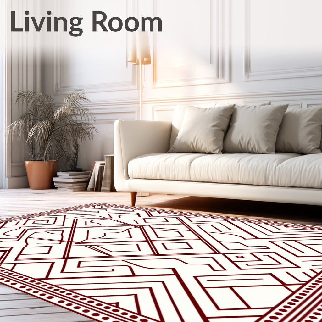 Deep Red Geometric Maze Border Rug