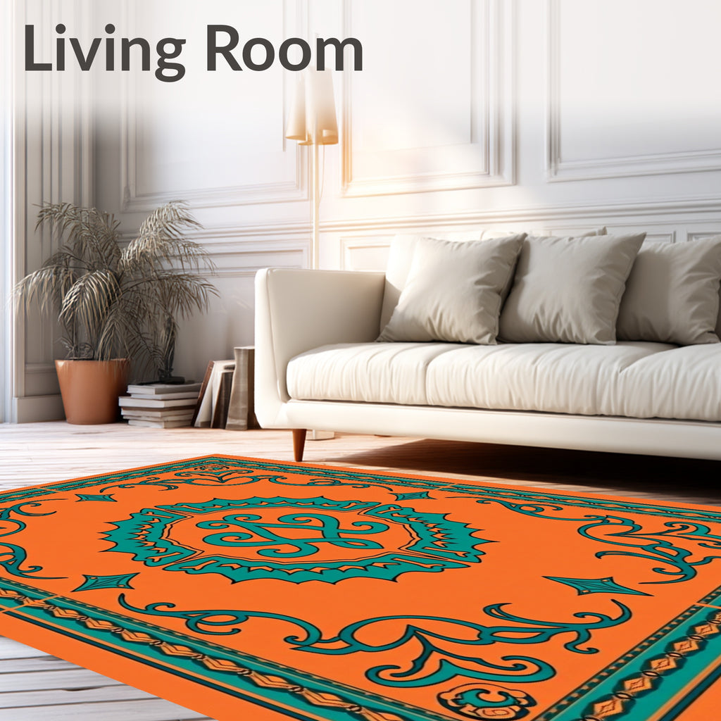 Orange Teal Ornate Scroll Medallion Rug