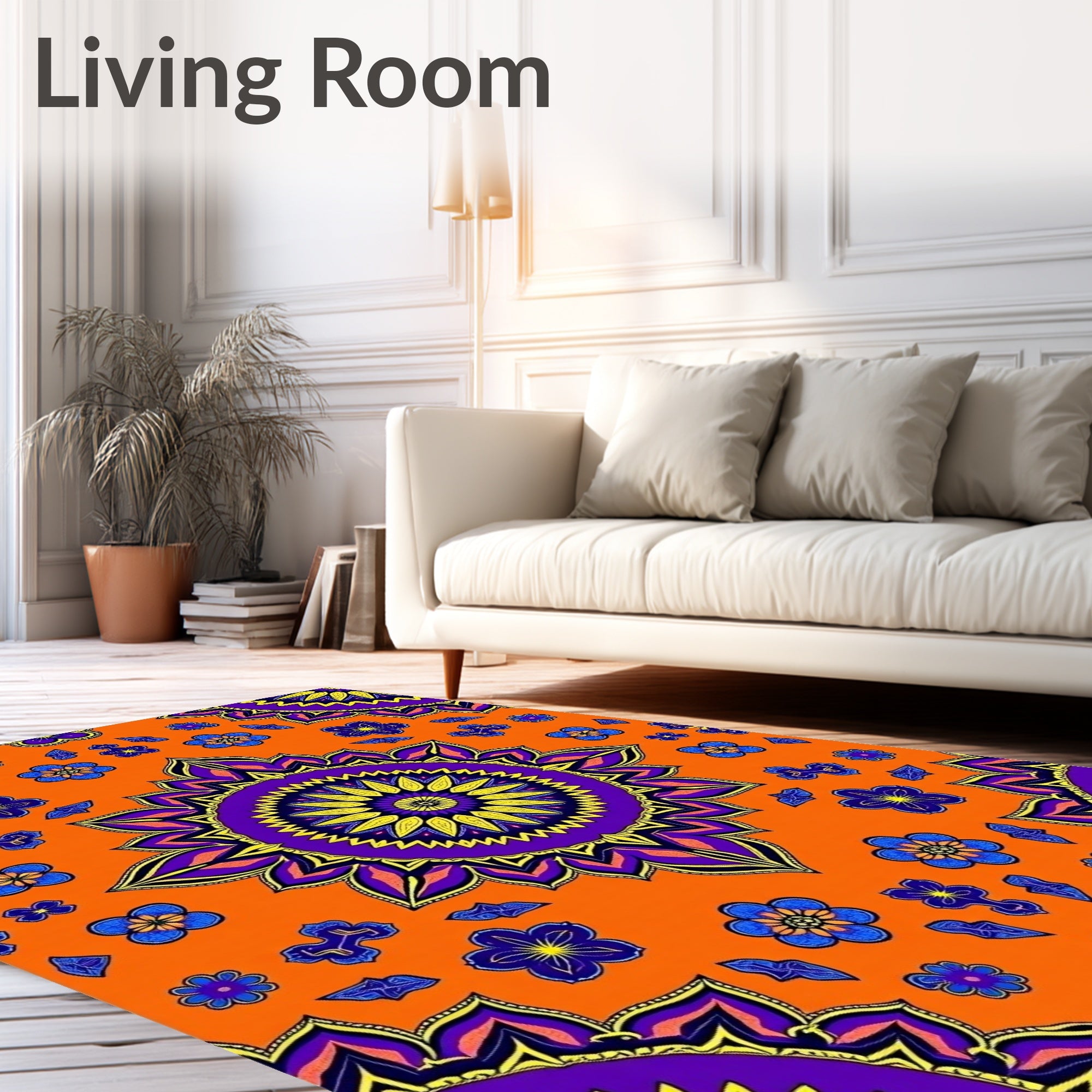 Vibrant Orange Floral Mandala Rug