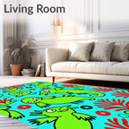 Whimsical Green Creatures Red Coral Rug