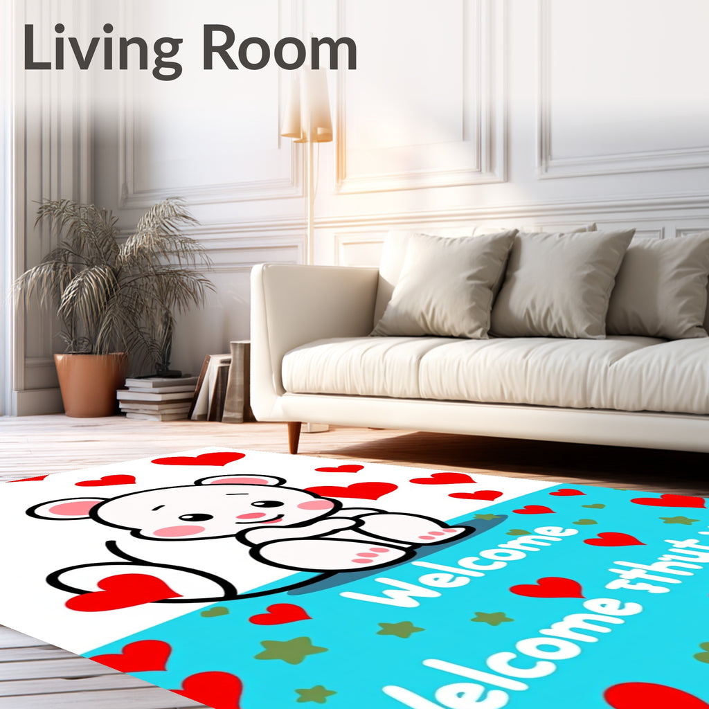 Cute White Mouse Red Hearts Background Rug