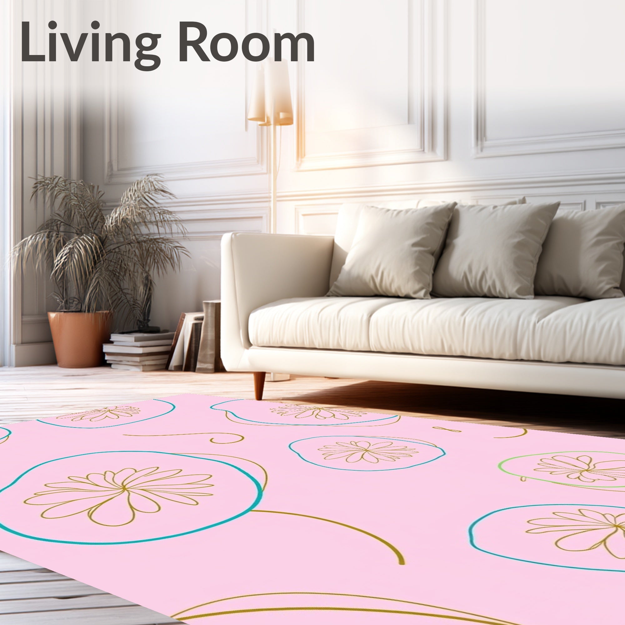 Pink Floral Outline Abstract Shapes Rug