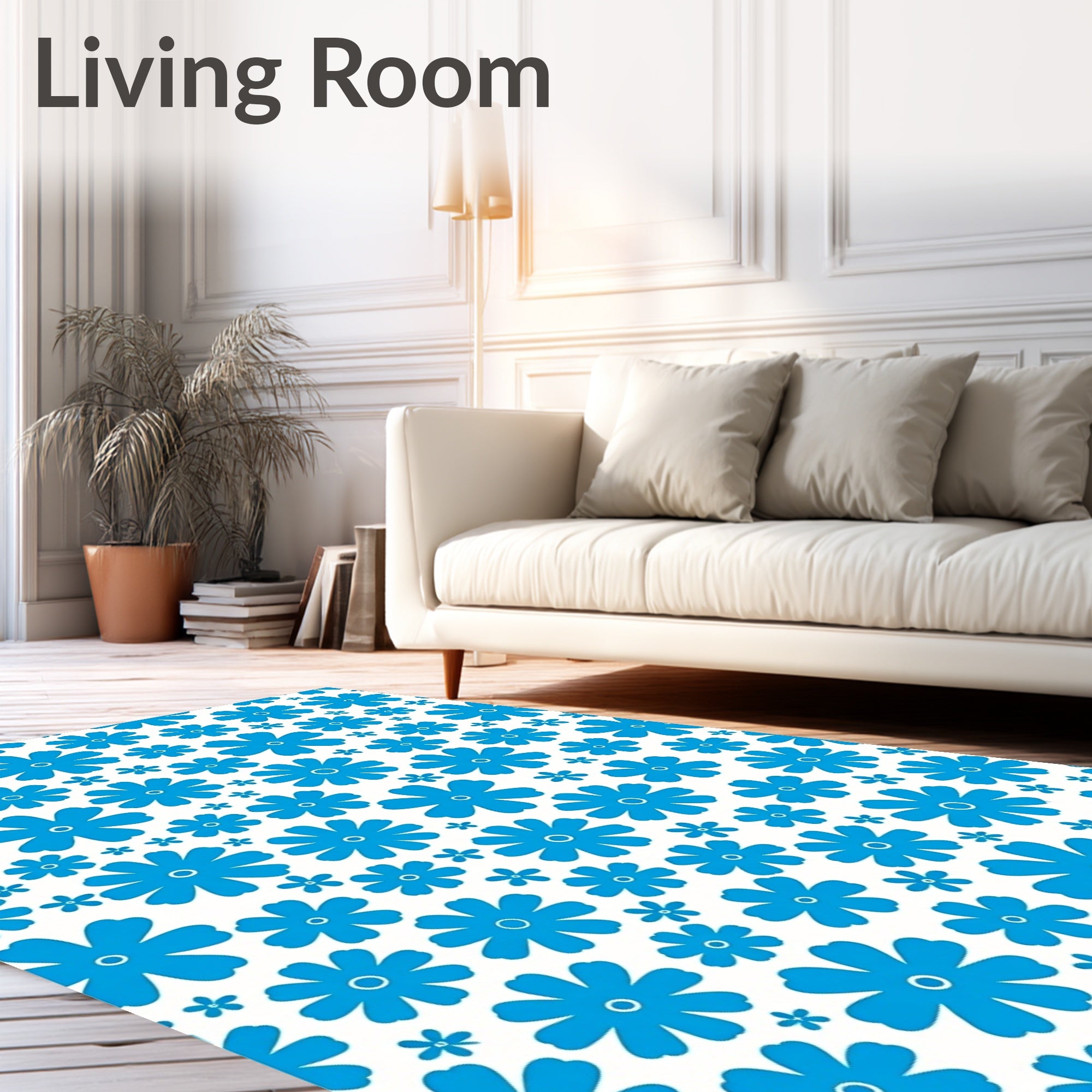 Azure Blue Retro Flower Field Rug