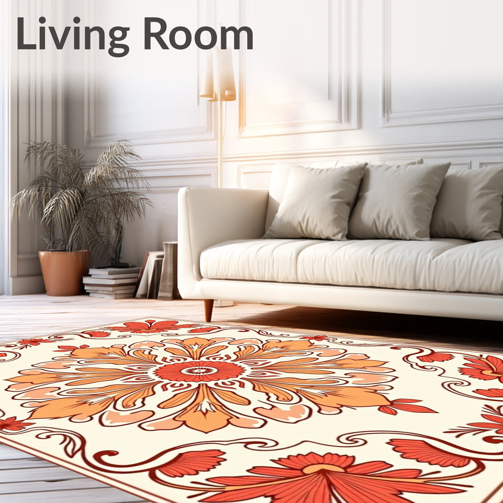 Crimson Orange Floral Medallion Border Rug