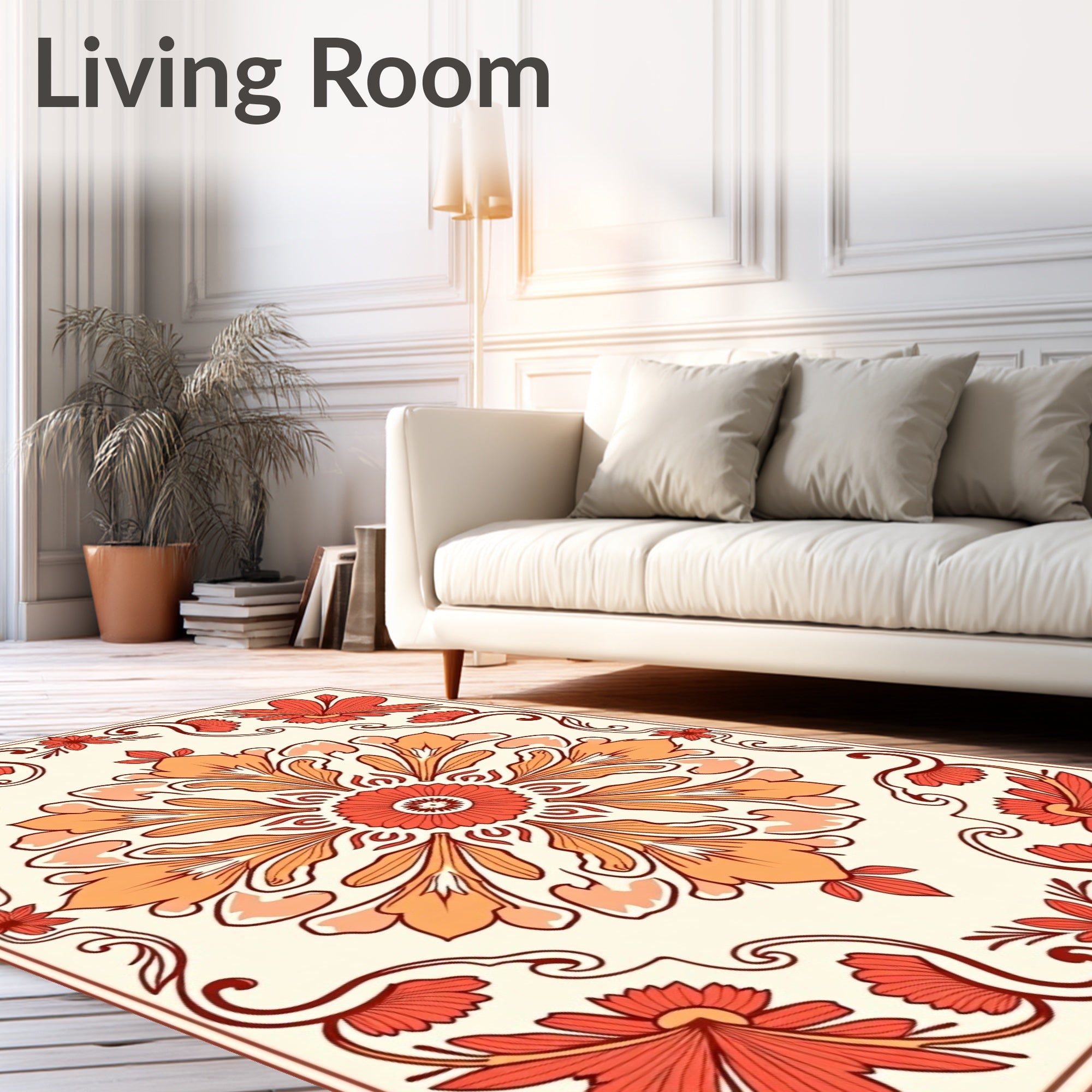 Crimson Orange Floral Medallion Border Rug