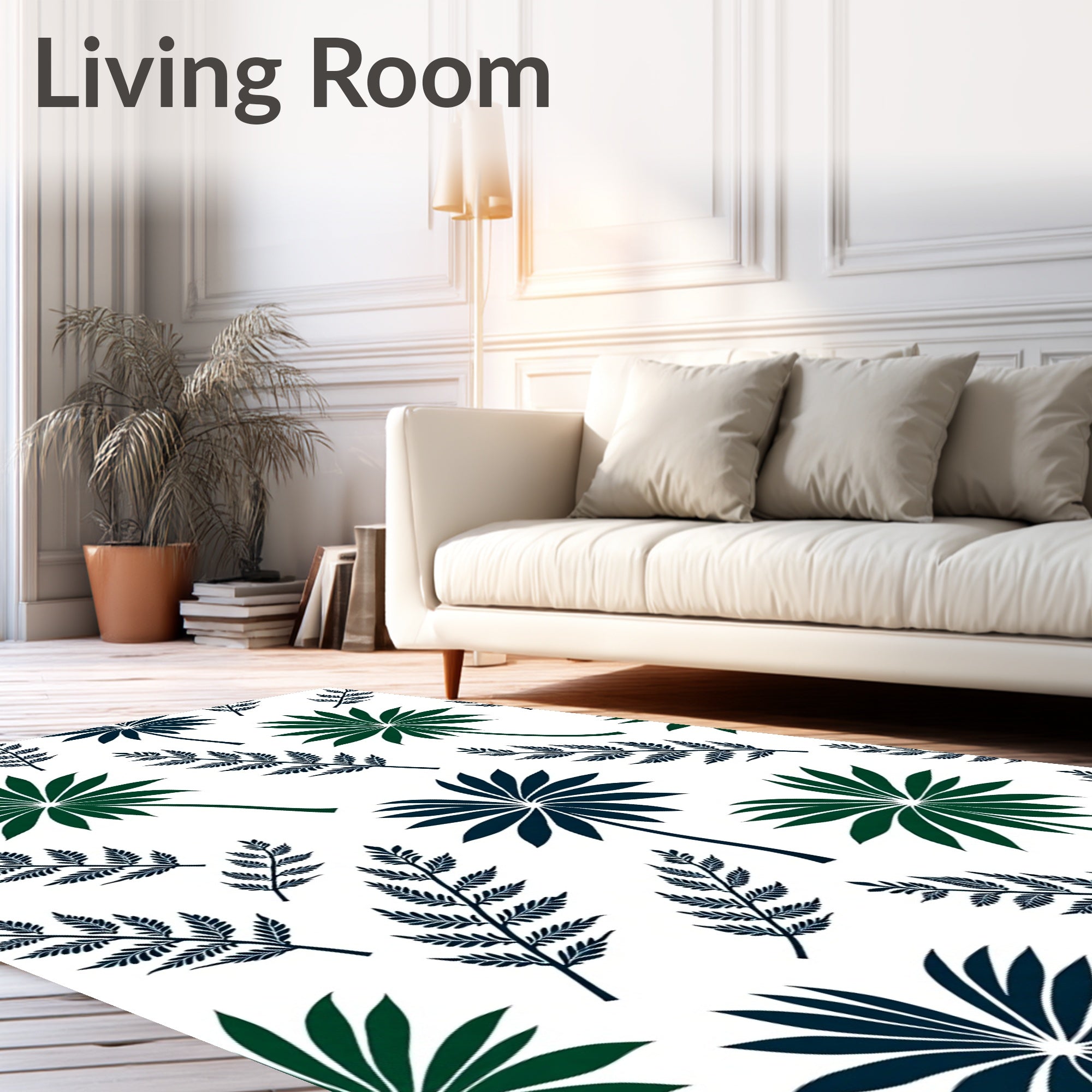 Tropical Palm Fern Foliage Navy Green Rug