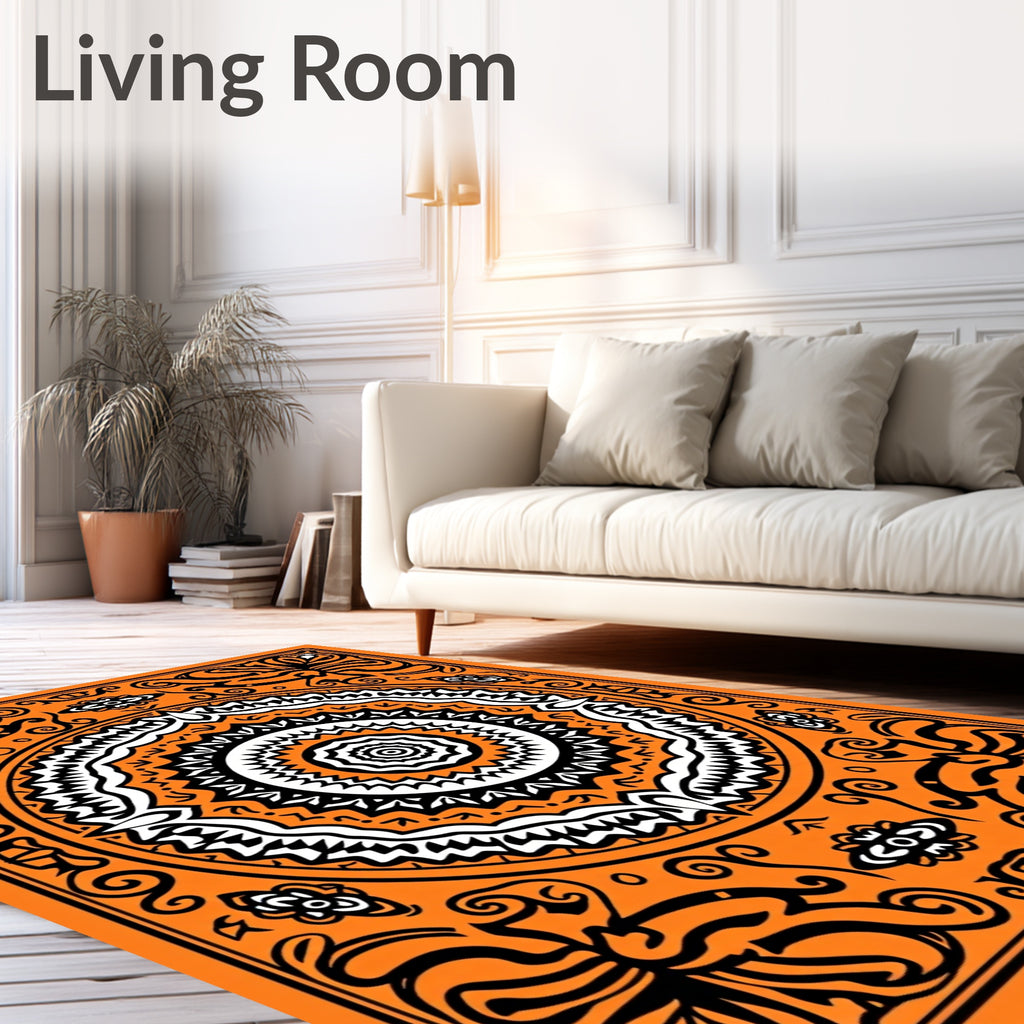 Vibrant Orange Black Mandala Medallion Rug