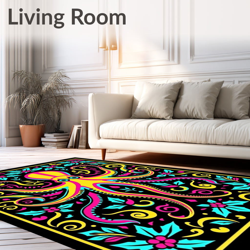 Vibrant Yellow Octopus Floral Arrangement Rug