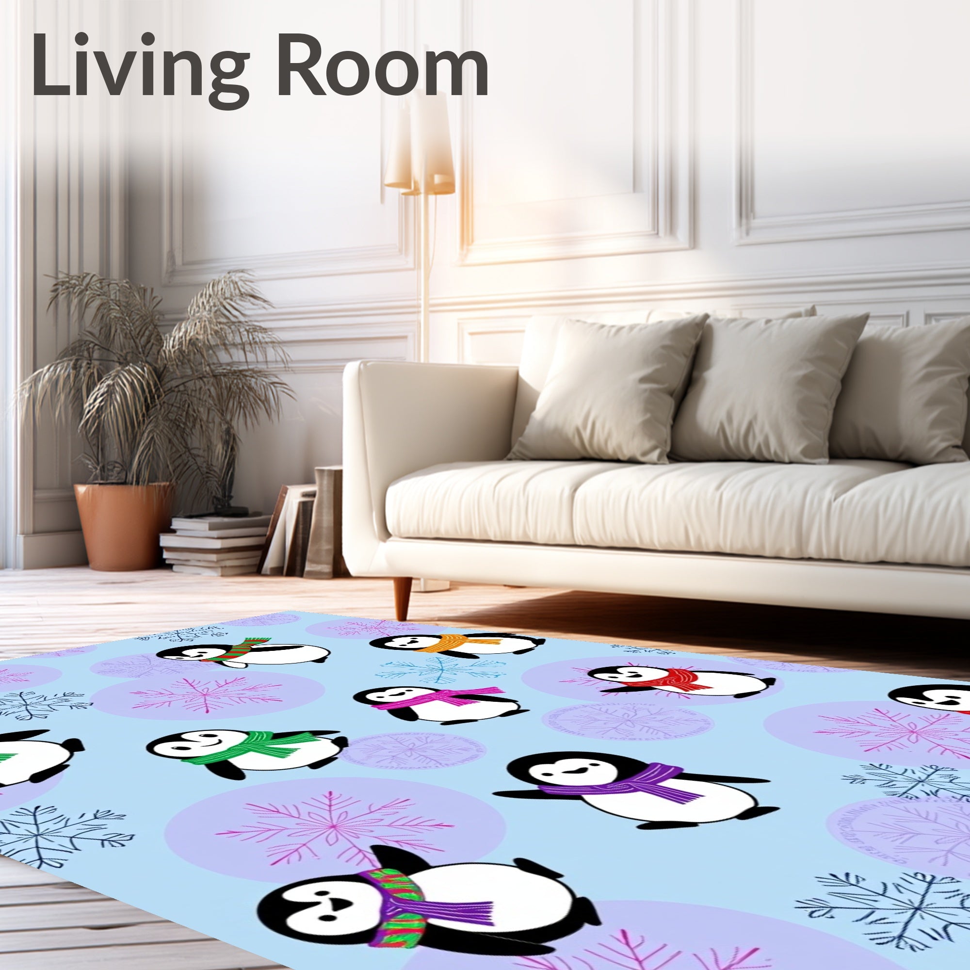 Cute Winter Penguins Snowflakes Background Rug