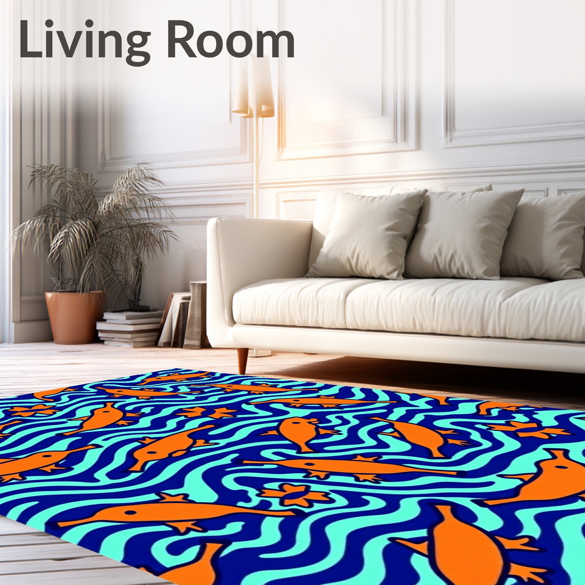 Orange Fish Blue Wavy Ocean Rug