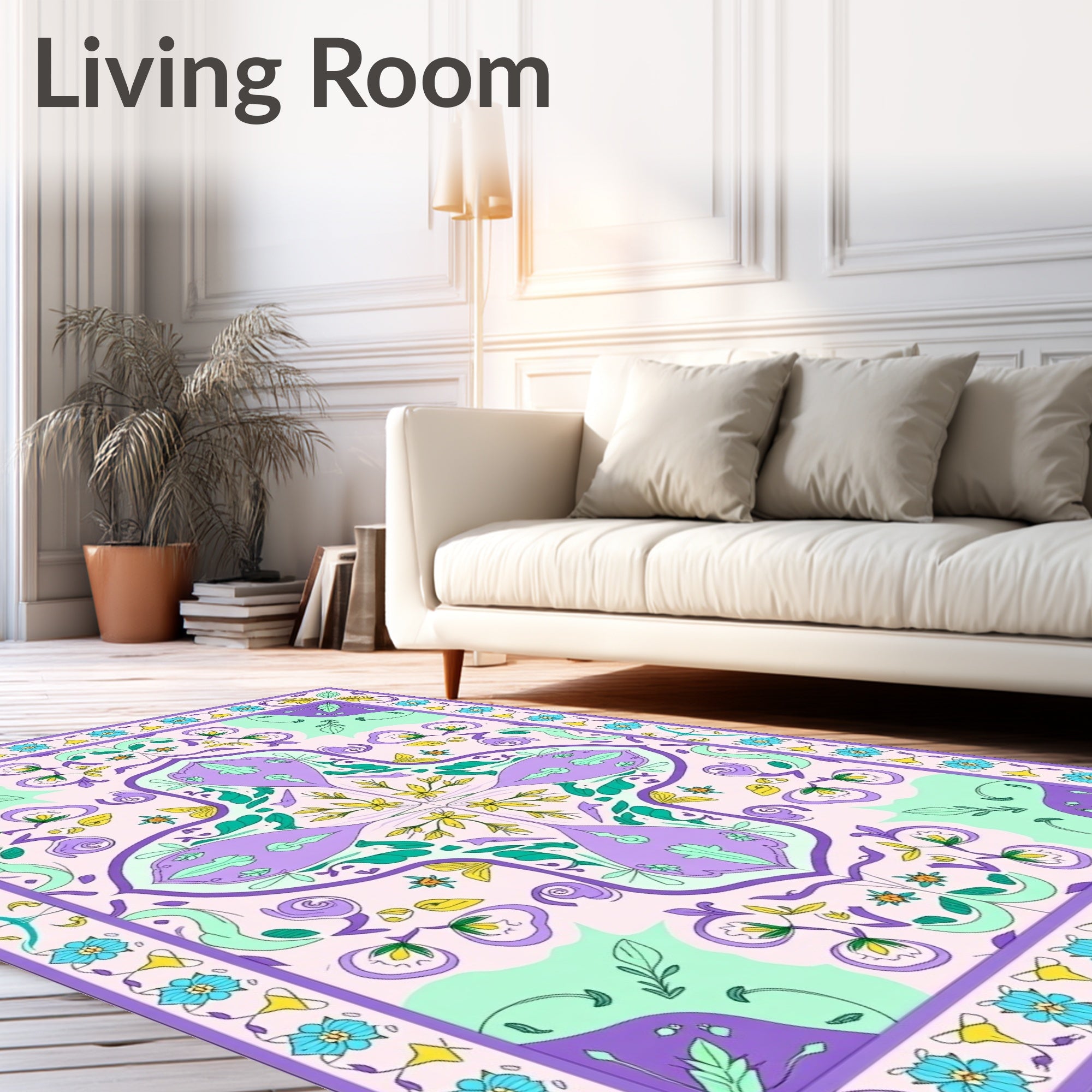 Pastel Purple Floral Medallion Border Rug