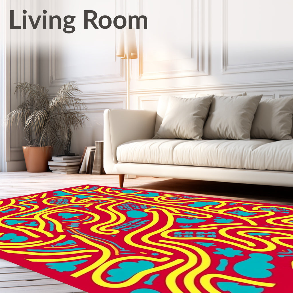 Whimsical Red Yellow Playful Maze Rug
