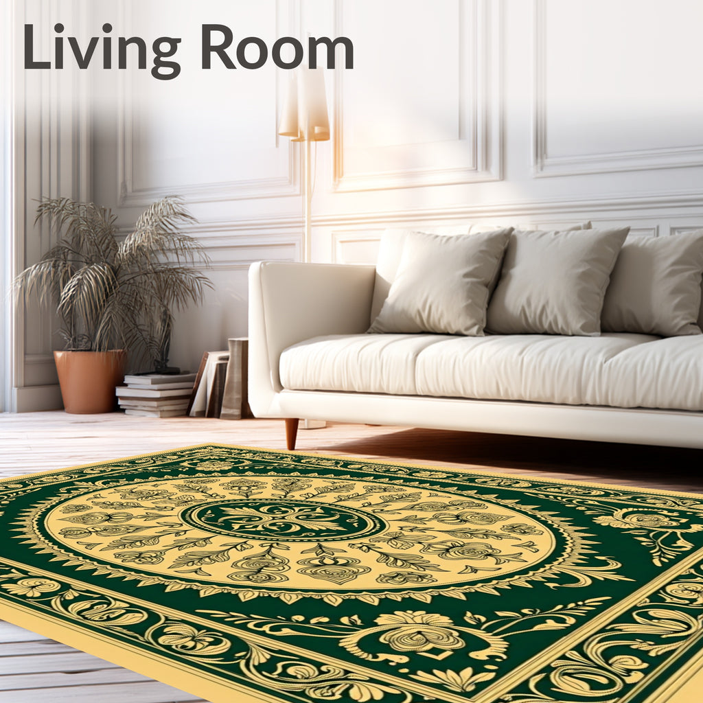 Emerald Gold Floral Border Medallion Rug