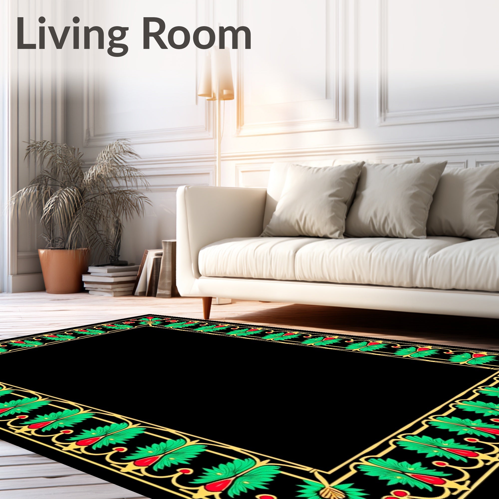 Ornate Green Gold Floral Border Rug