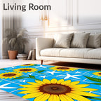 Sunny Yellow Sunflower Garden Blue Rug