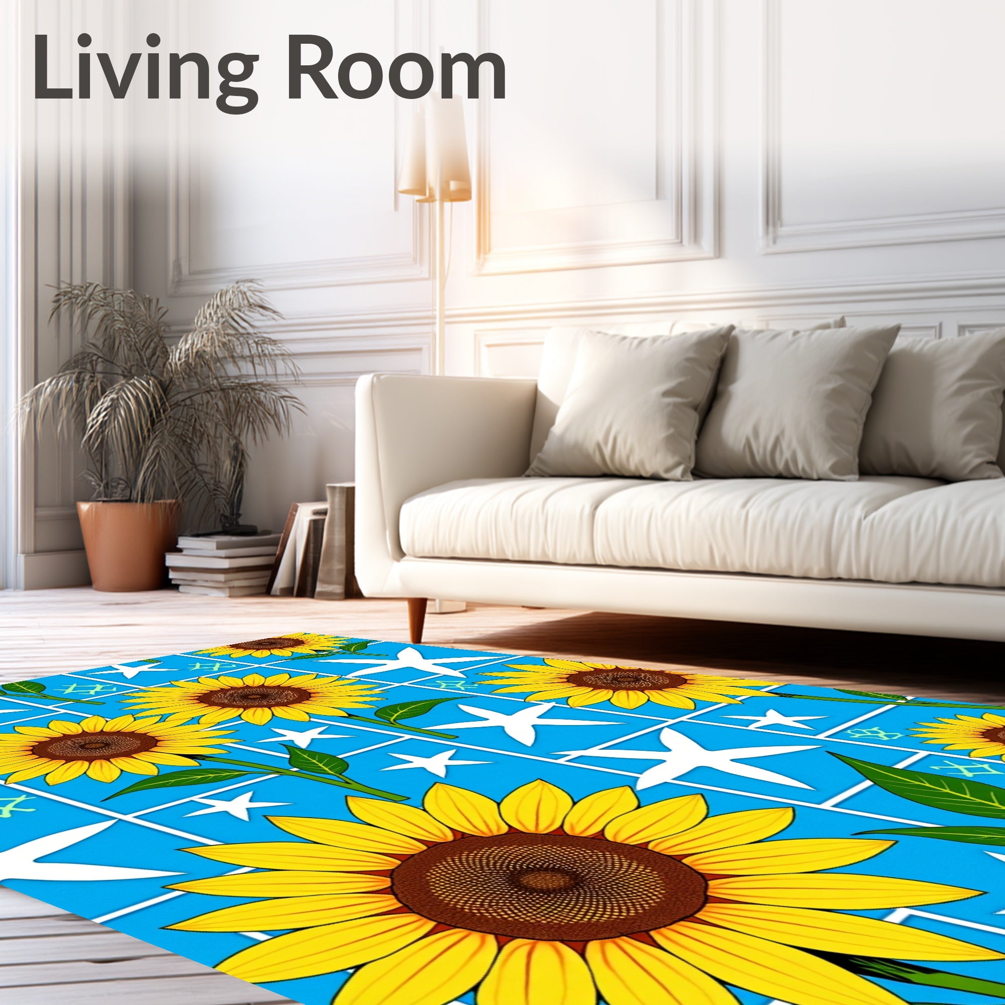 Sunny Yellow Sunflower Garden Blue Rug
