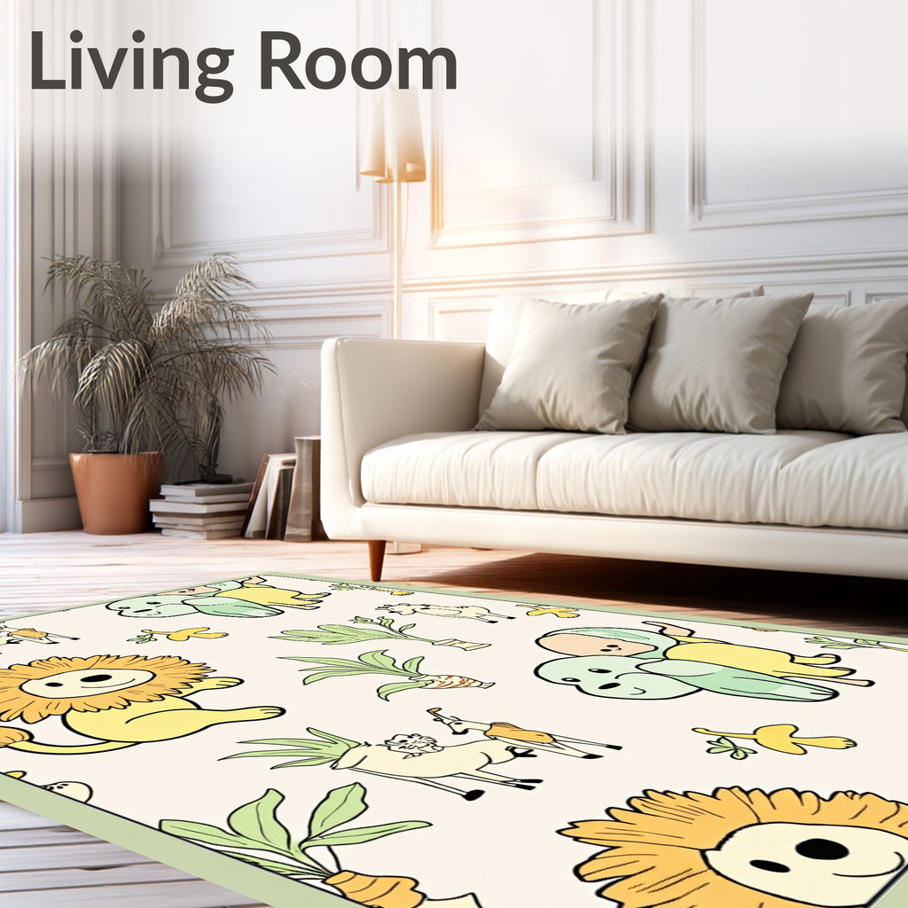 Whimsical Yellow Lion Green Dog Jungle Animals Rug