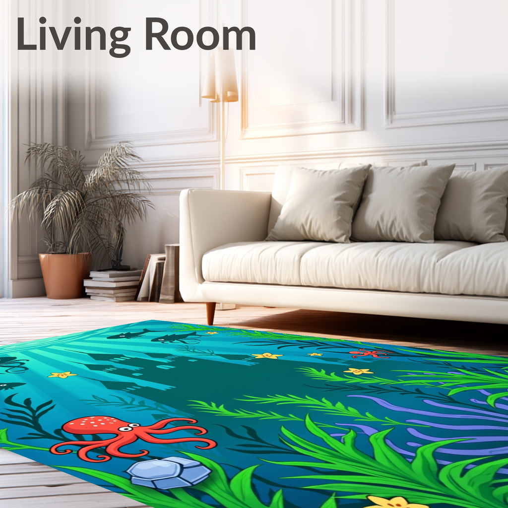 Oceanic Cartoon Castle and Sea Creatures Rug