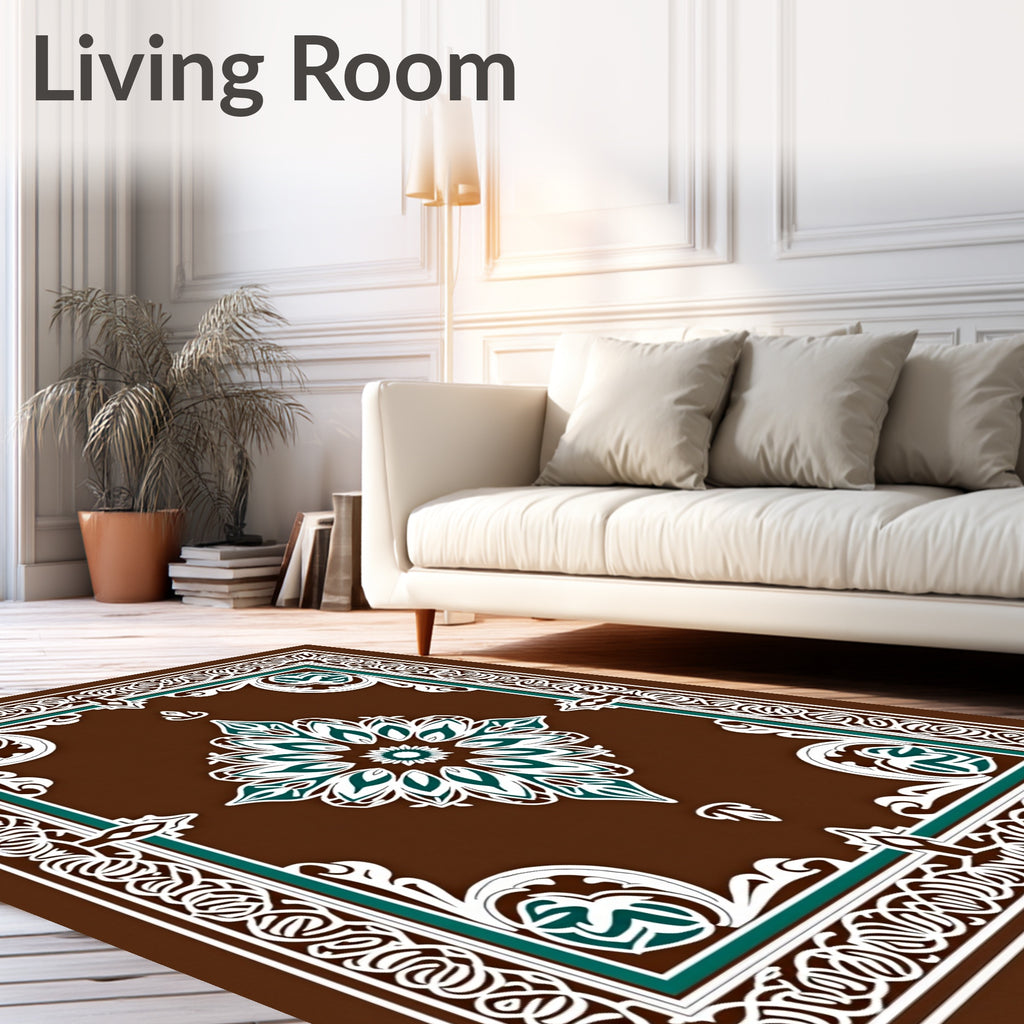 Brown Teal White Floral Medallion Brocade Rug