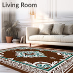 Brown Teal White Floral Medallion Brocade Rug