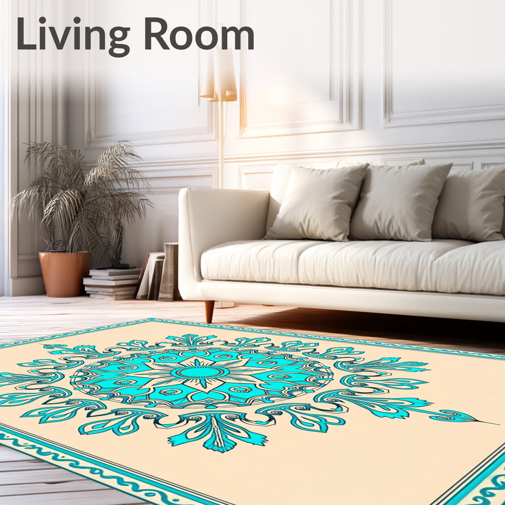 Turquoise Floral Medallion Border Rug