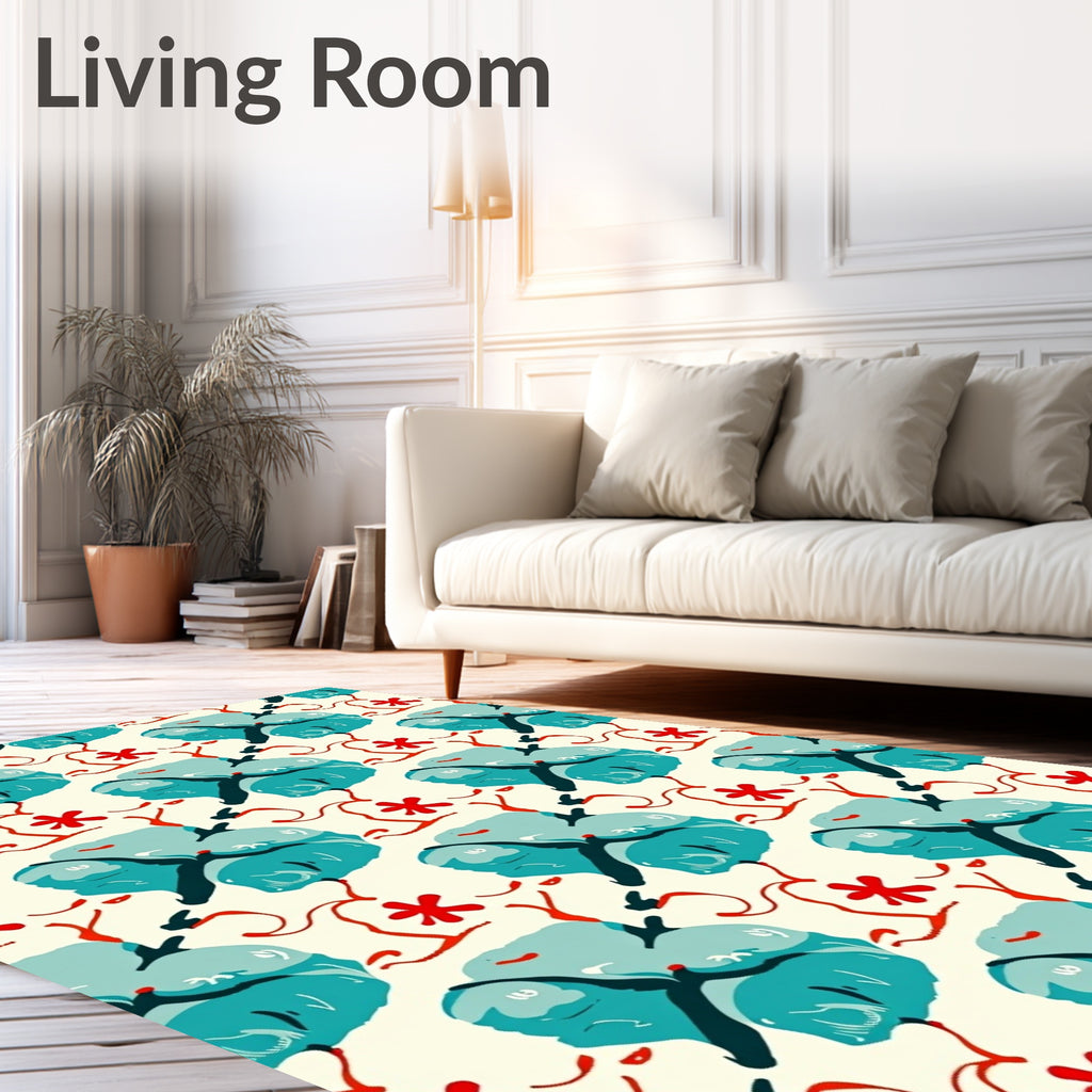 Teal Blobs Red Swirls Floral Rug