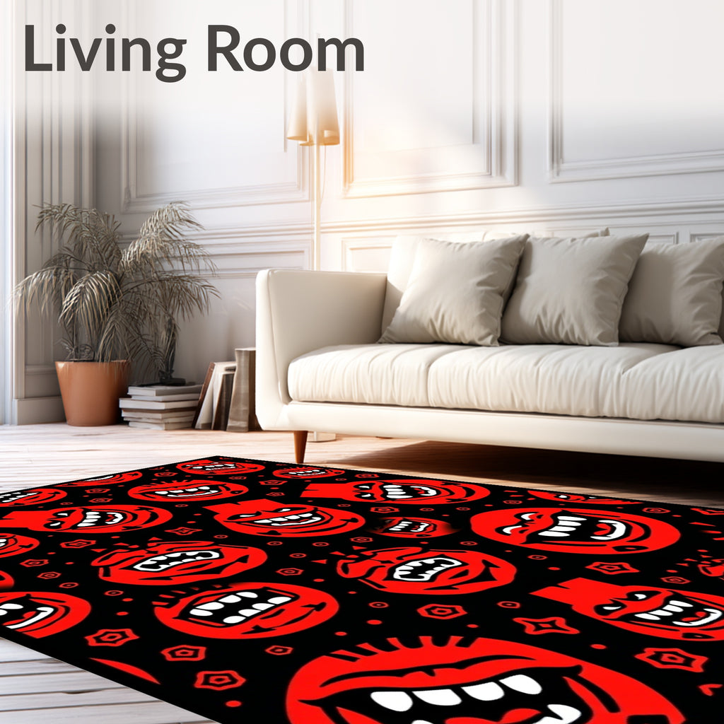 Red Grinning Monster Faces on Black Rug