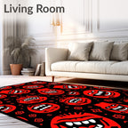 Red Grinning Monster Faces on Black Rug
