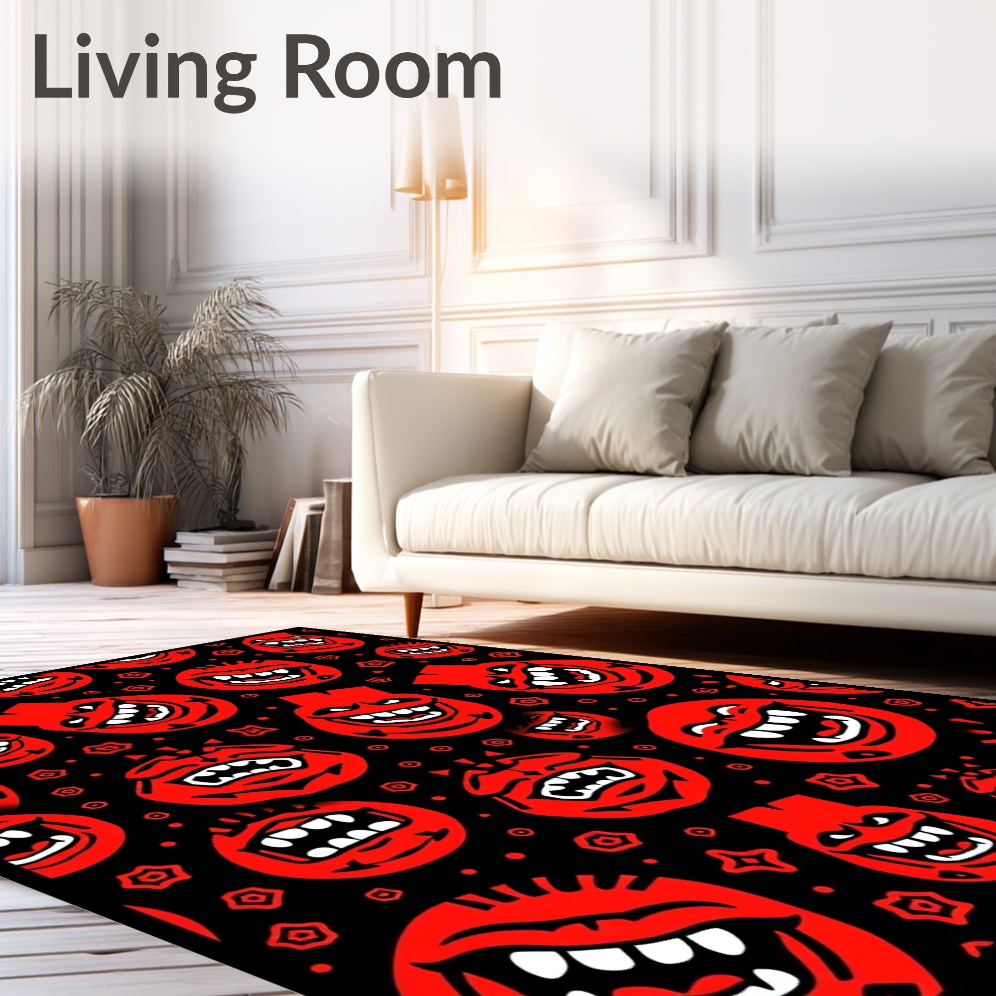 Red Grinning Monster Faces on Black Rug