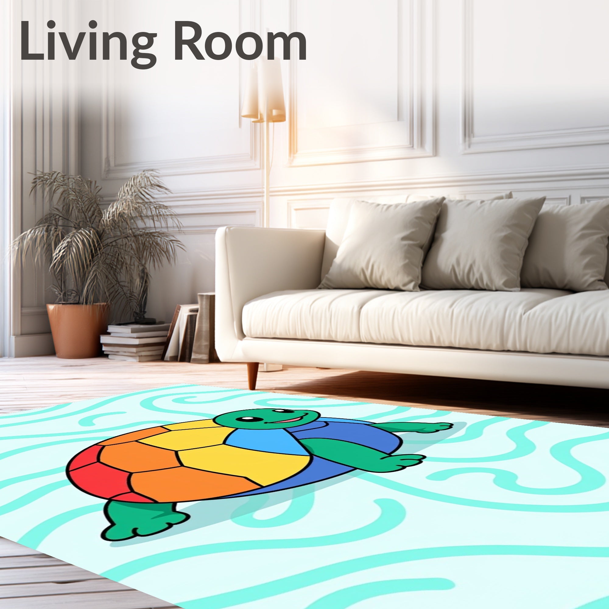 Colorful Rainbow Turtle On Aqua Waves Rug