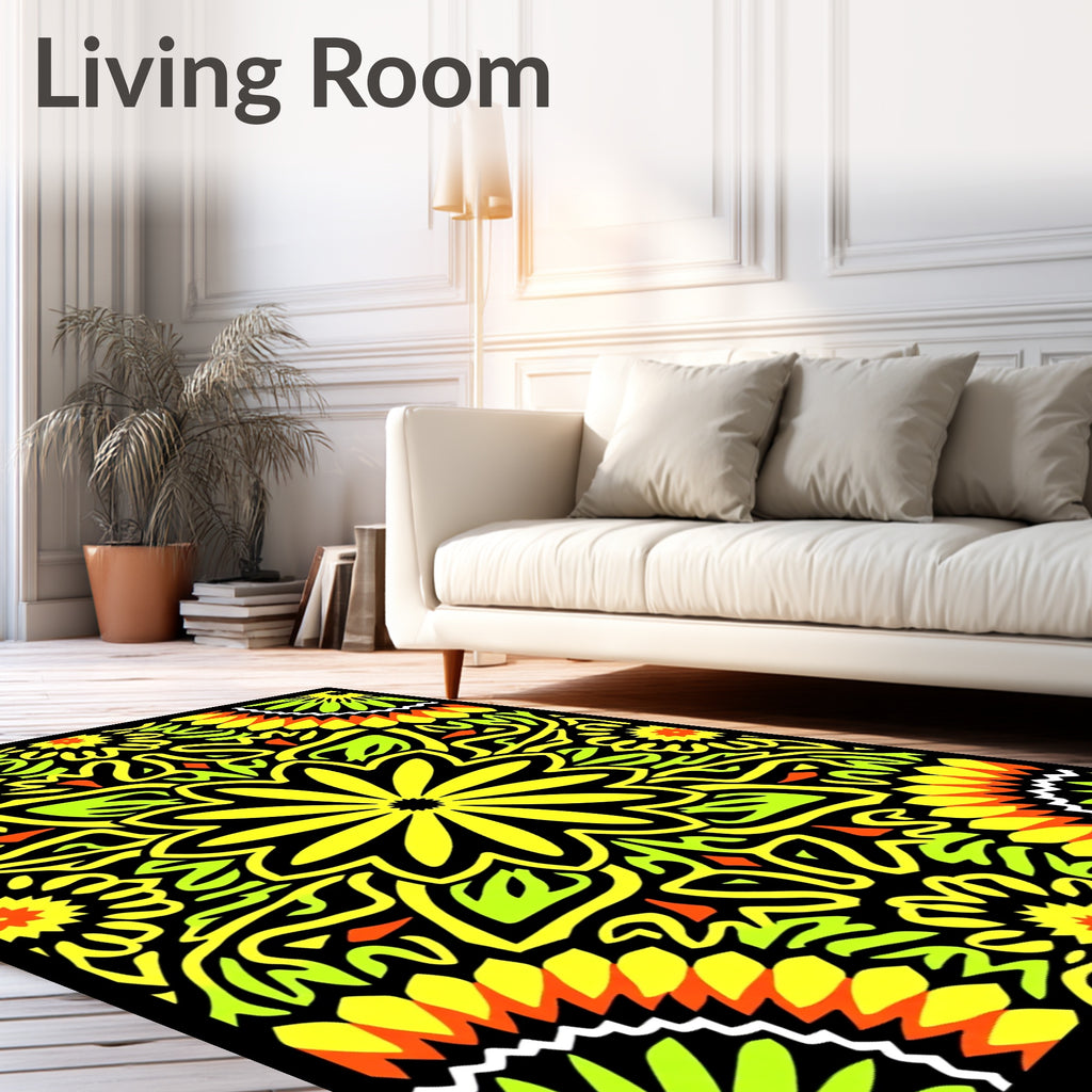 Vibrant Yellow Green Floral Mandala Rug