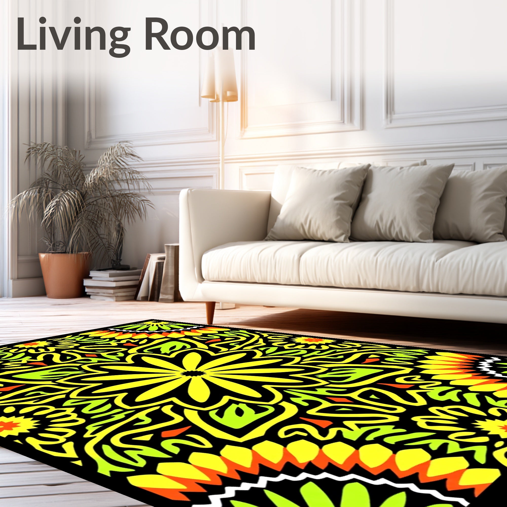 Vibrant Yellow Green Floral Mandala Rug