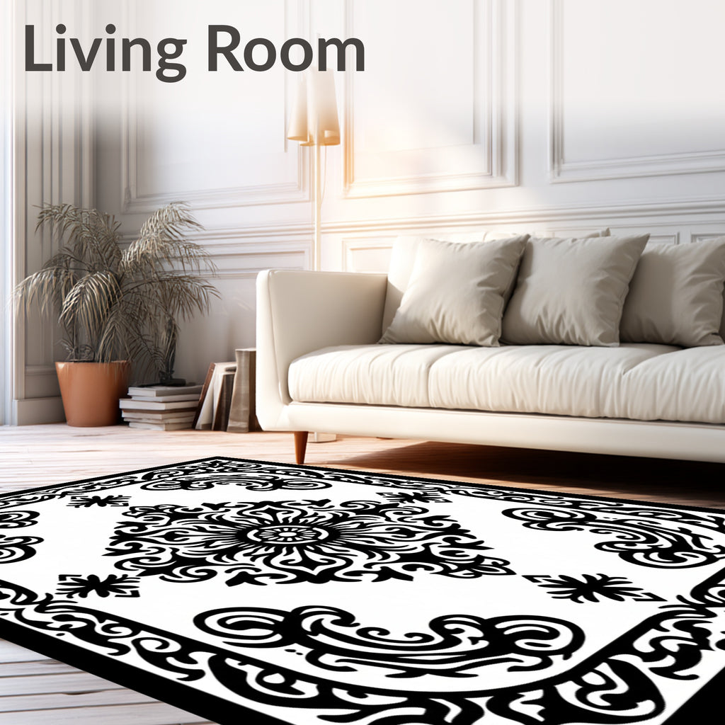 Black White Traditional Medallion Scroll Rug