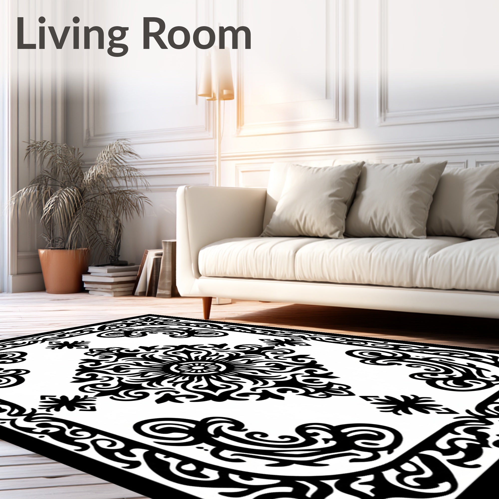 Black White Traditional Medallion Scroll Rug