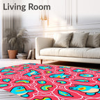 Whimsical Blue Creatures Swirls Bright Red Rug