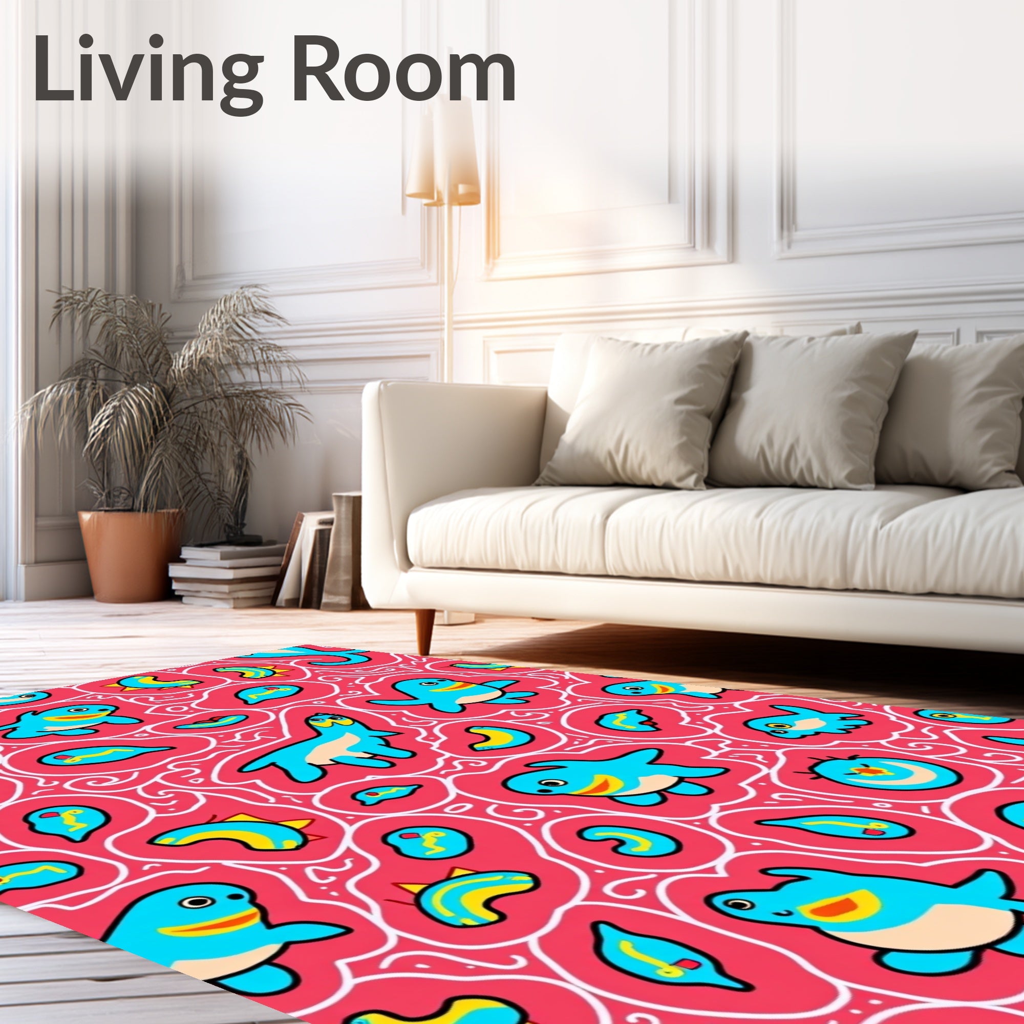 Whimsical Blue Creatures Swirls Bright Red Rug