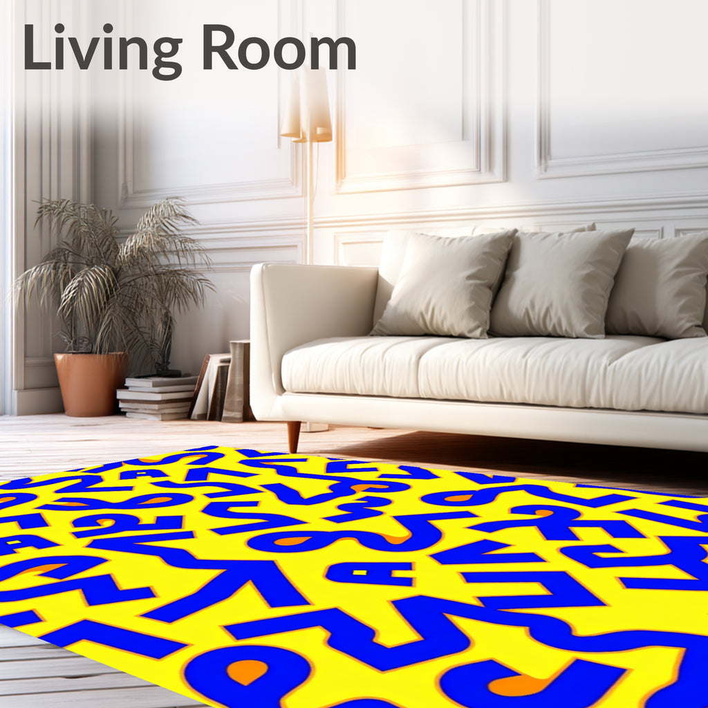 Bold Blue Abstract Shapes Yellow Background Rug