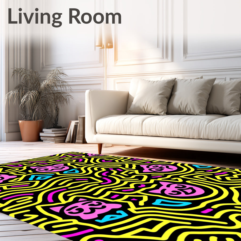 Pink Cat Maze Yellow Line Art Rug