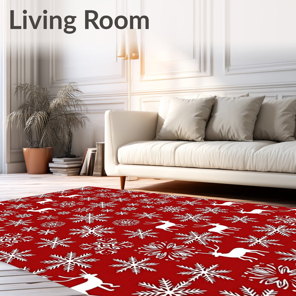 Red White Reindeer Snowflake Repeat Rug
