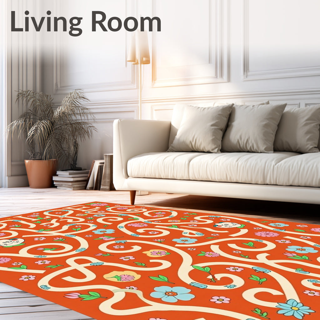 Orange Floral And Whimsical Faces Rug
